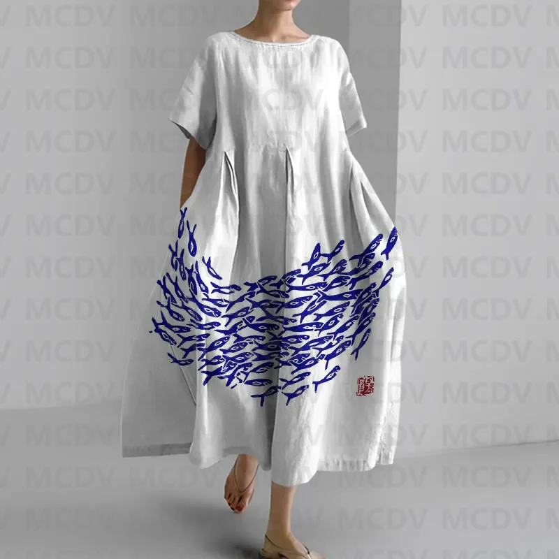 Japanese Vintage Fish Art Prin - Midi Dress 评论和价格